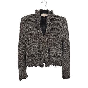 St. John Collection Jacket Womens 6 Knit Tweed Fringe Cropped Black White